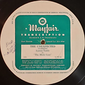 The Unexpected radio show transcription disc label